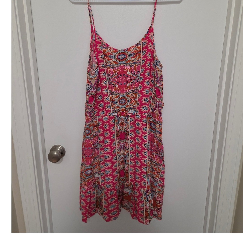Miss Sparkling Pink Paisley Boho Mini Dress XL Ruffle Hem Spaghetti Strap